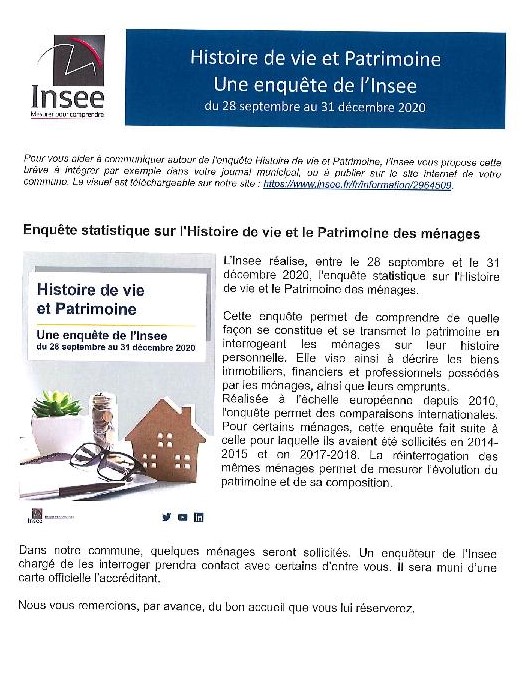 Histoire de vie et patrimoine : une enquête de l’INSEE du 28 sept au 31 déc 2020