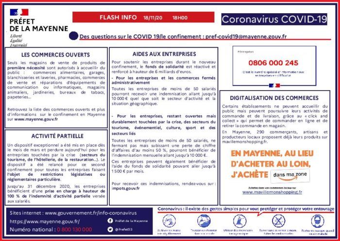 FLASH INFO COVID DE LA PREFECTURE DE LA MAYENNE – 18.11.2020