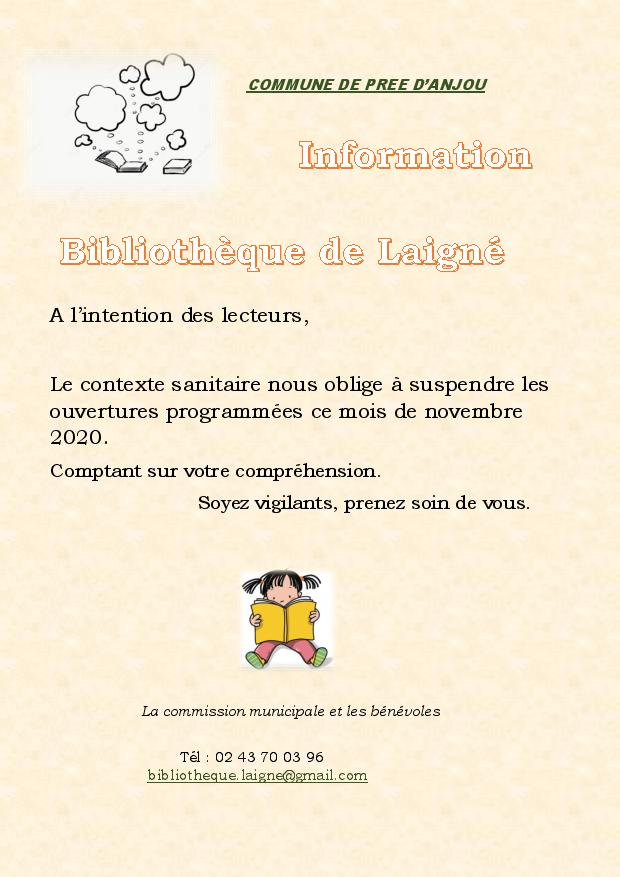 La bibliothèque de Laigné suspend ses ouvertures programmées de novembre