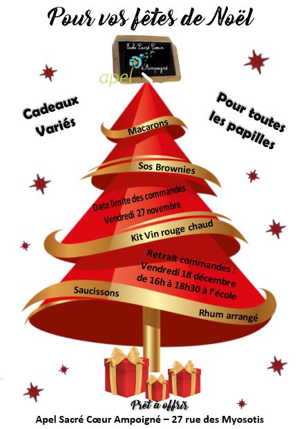 L’apel Sacré Coeur de l’école d’Ampoigné vous propose de magnifiques sapins Nordmann (producteur local !) et des cadeaux variés pour Noël .