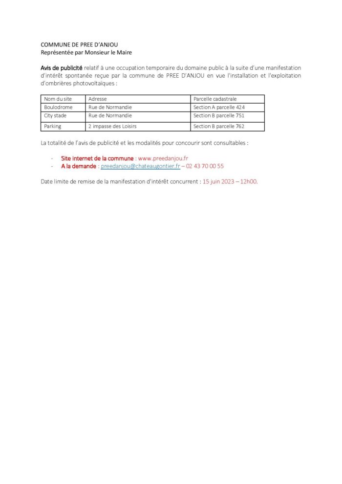 Avis de publicité relatif à une occupation temporaire du domaine public