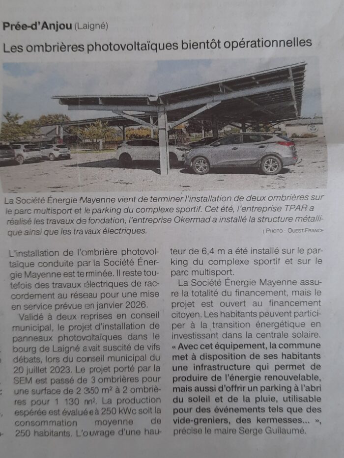 Les ombrières photovoltaïques bientôt opérationnelles – OF 18.09.25