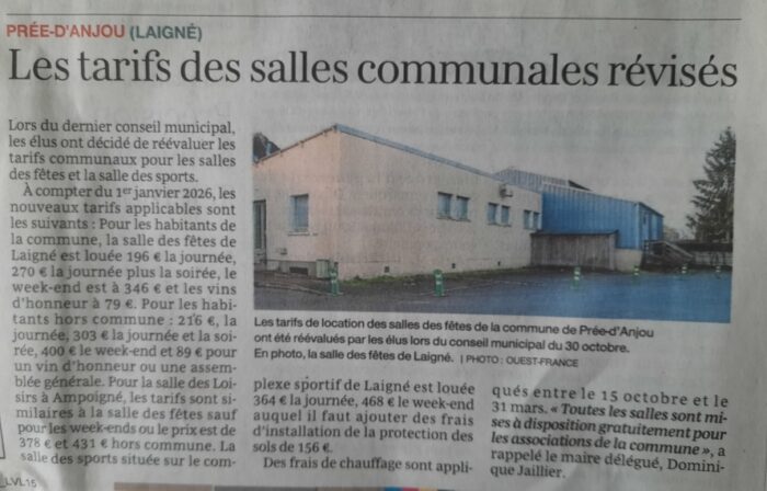 Les tarifs des salles communales révisés -OF 27.11.25