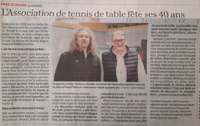 L’association de tennis de table fête ses 40 ans – OF 31.12.25