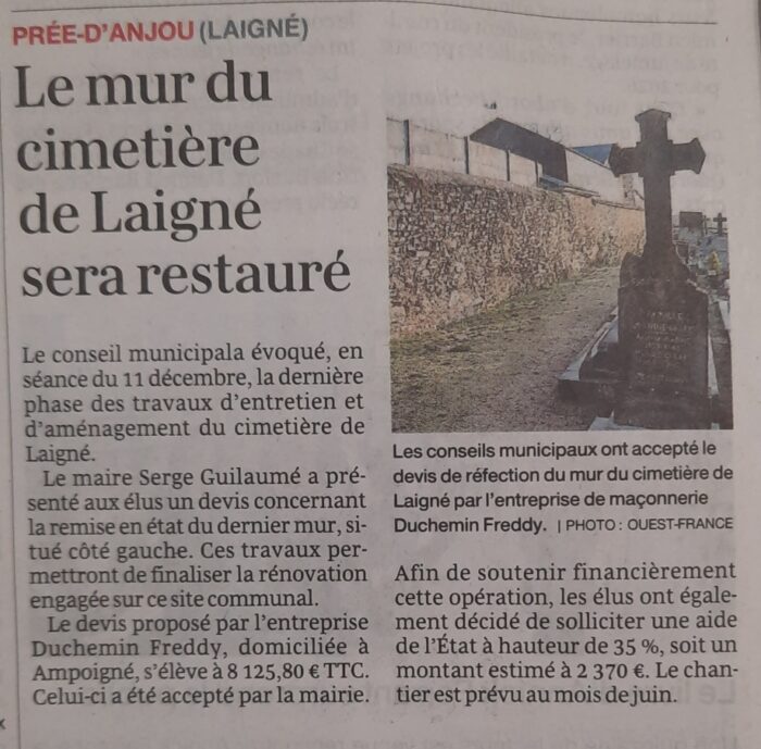 Le mur du cimetière de Laigné sera restauré – OF 10.02.26