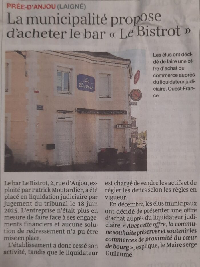 La municipalité propose d&rsquo;acheter le bar « Le Bistrot » – OF 10.02.26